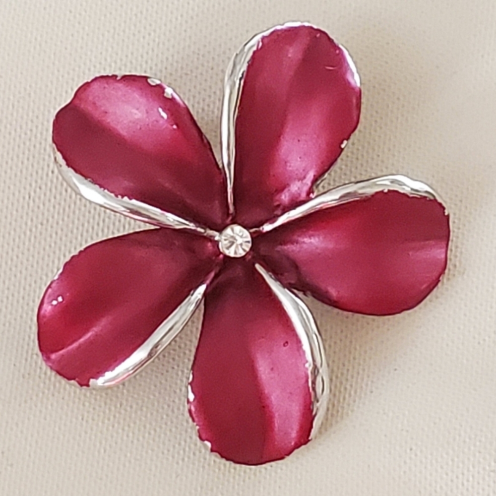 Pink enamel Plumeria pin brooch with rhinestone center